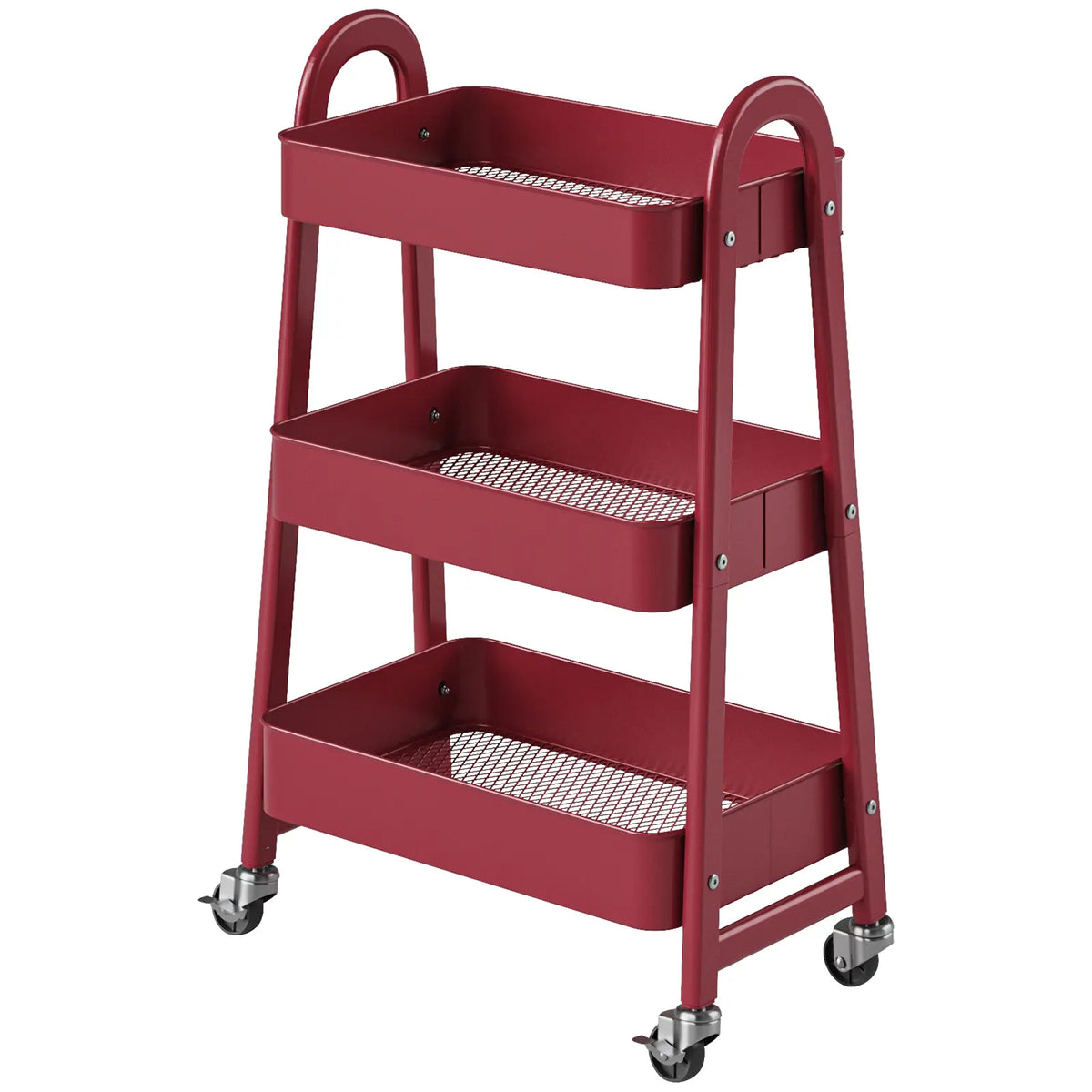 3-Tier Stable Metal Rolling Cart Organization - Indoor Storage Utility Trolley with Locking Wheels, Narrow Mobile Rack for Bedside Snack Cart, Magazine Shelf Use