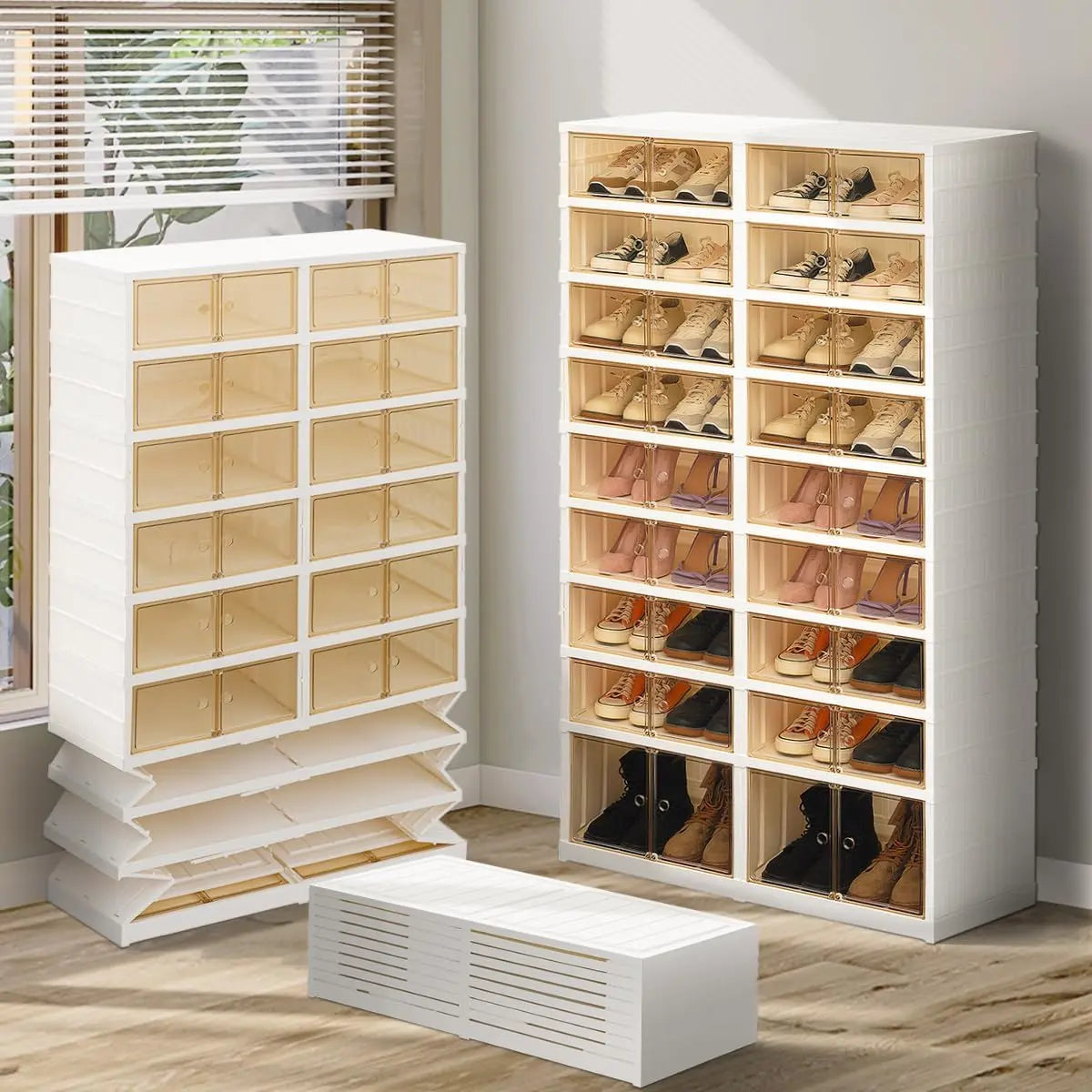 Lingrong 9-Tier Foldable Shoe Rack Organizer for Closet Plastic Shoe Shelf Collapsible Shoes Storage Box Clear Shoe Boxes Stackable