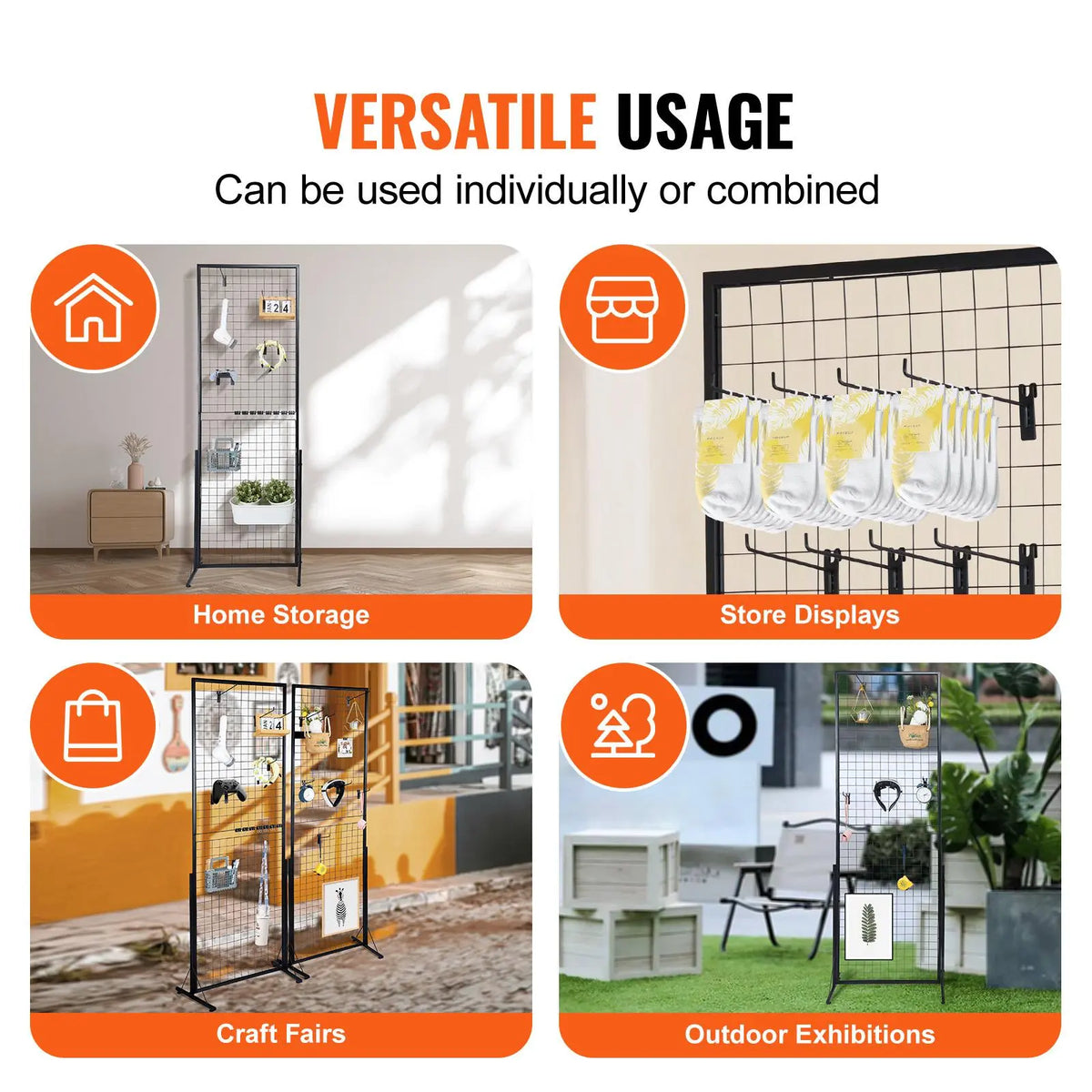 VEVOR 2'x5.6' Wire Mesh Grid Wall Panel Tower Set, 2-Pack Floorstanding Office/Study Display Racks with T-Base, Double-Side Panels for Decoration, Includes Extra Clips & Hooks for Hanging Pot Organization