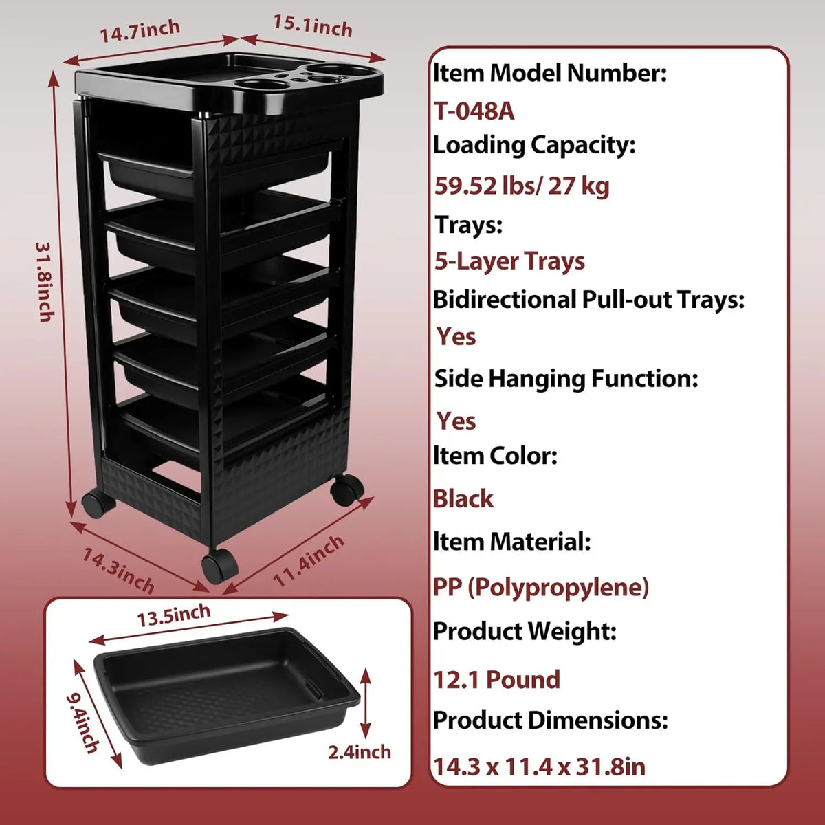 SummerVibes 5-Tier Rolling Beauty Cart – Black Salon Storage with 360° Wheel and 5 Shelves, Salon Organizer of Brush&Styling Tools, Professional Hair Stylist Cart