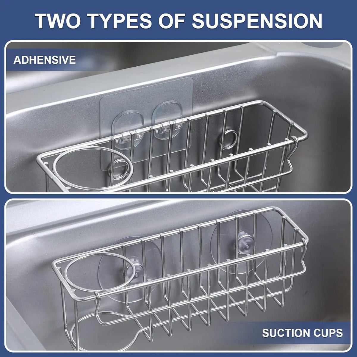 3-In-1 Sponge Holder for Kitchen Sink with Suction Cups & Adhesive Hook , In-sink Sponge Holder, Wall  Sink  Organizer Rack - Sponge, Dish Cloth, Brush,  - 304 Stainless Steel