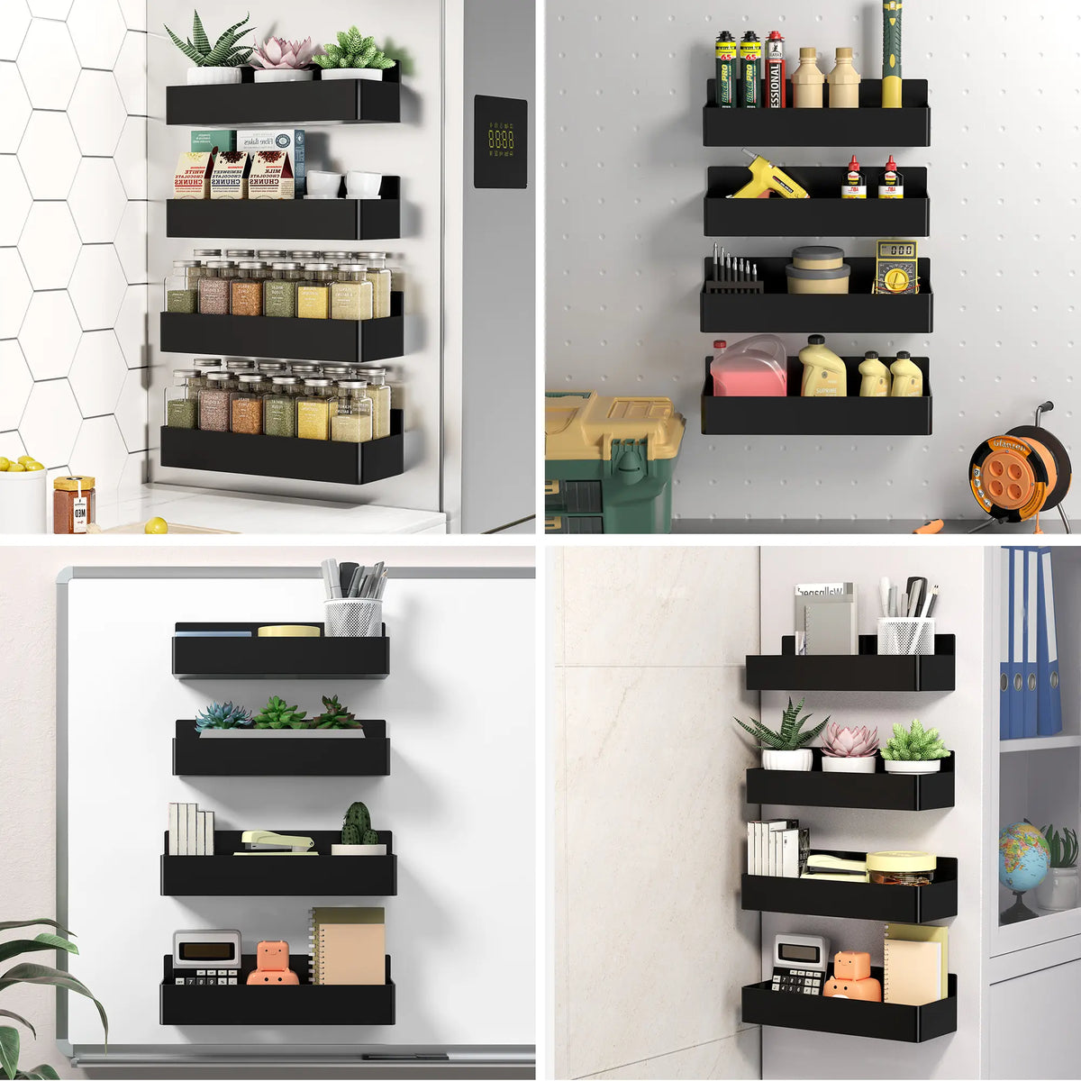 Nieifi 4-Pack Magnetic Spice Rack, Strong Magnet Fridge Organizer with Shelves for Kitchen, Office, Classroom & Coffee Bar, Black