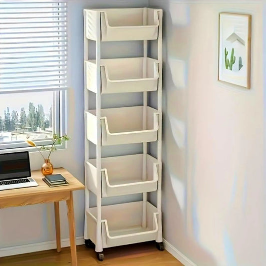 Beige Multifunctional Large-Capacity Plastic Storage Cart with Rolling Wheels - Layered Shelf Racks, Countertop Kitchen Organizer, Accessory Storage Rack, Bedroom Organizer Furniture, Shelves for Bedroom Solution