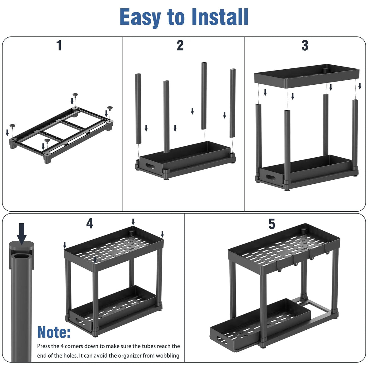 2pack-black Under Sink Sturdy Open Shelf Organizer (2-Pack, 15x8x12.8"), Plastic Multi-Purpose Anti-Slip Sliding Baskets with 8 Hooks, Durable Metal Feels Solid Daily Household Items for Kitchen Cabinets, Small Items Visible Storage Accessory