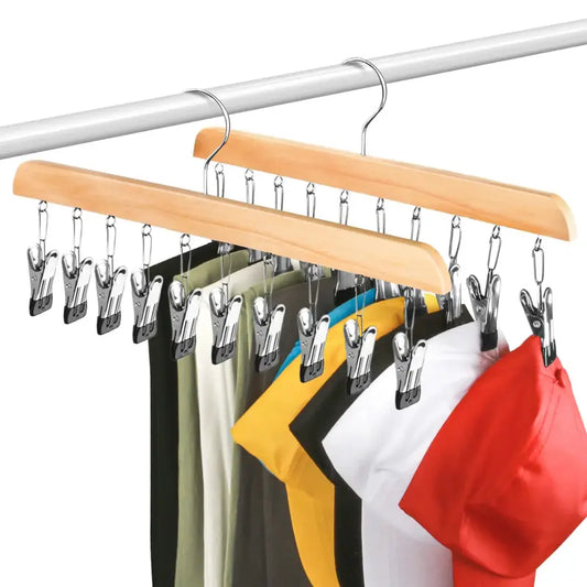 Wooden Leggings Hanger 2-Pack - Hanging Clothes Organizer with 10 Rubber-Coated Clips Each, Holds 20 Leggings, Jackets, Pants, Non-Woven Space-Saving Home Closet Organization Solution