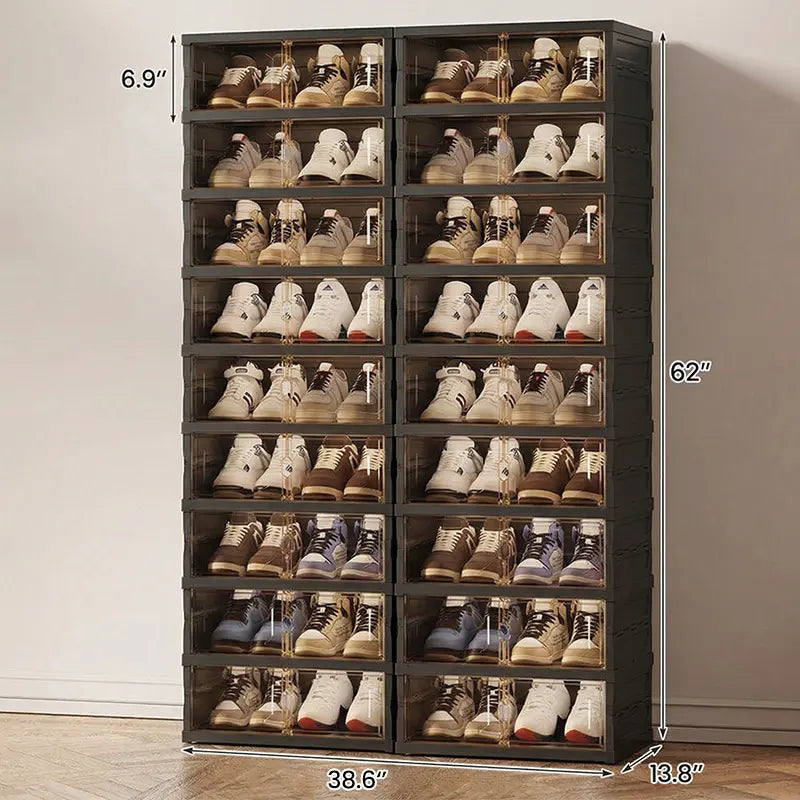 NLDD Extra-Wide & Tall 9-Tier Shoe Cabinet Holds 18 Pairs Clear Doors Wheels for Effortless Storage Stackable Reinforced Frame Ventilation Holes, Shoe Box, Shoe Rack Organizer