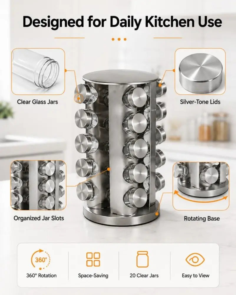 12/16/20jars Rotating Spice Rack Organizer with Jars, 360° Revolving Spice Rack Tower for Kitchen Countertop, Cabinet or Pantry, Stainless Steel Space-Saving Seasoning Organizer with Reusable Labels, Funnel and Marker