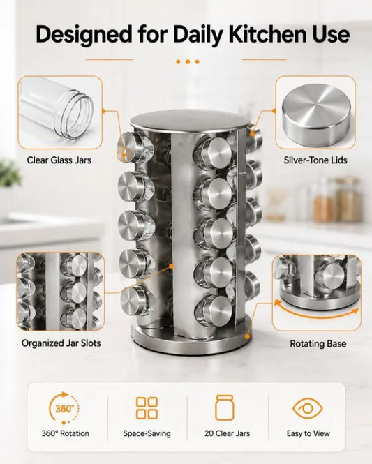 12/16/20jars Rotating Spice Rack Organizer with Jars, 360° Revolving Spice Rack Tower for Kitchen Countertop, Cabinet or Pantry, Stainless Steel Space-Saving Seasoning Organizer with Reusable Labels, Funnel and Marker