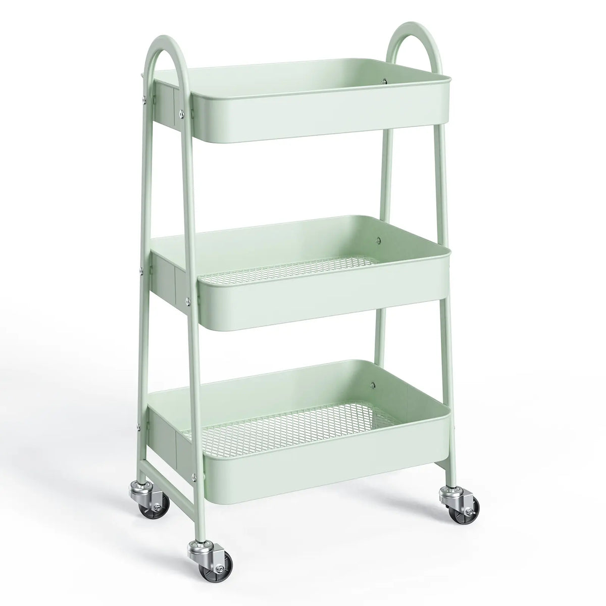 3-Tier Stable Metal Rolling Cart Organization - Indoor Storage Utility Trolley with Locking Wheels, Narrow Mobile Rack for Bedside Snack Cart, Magazine Shelf Use