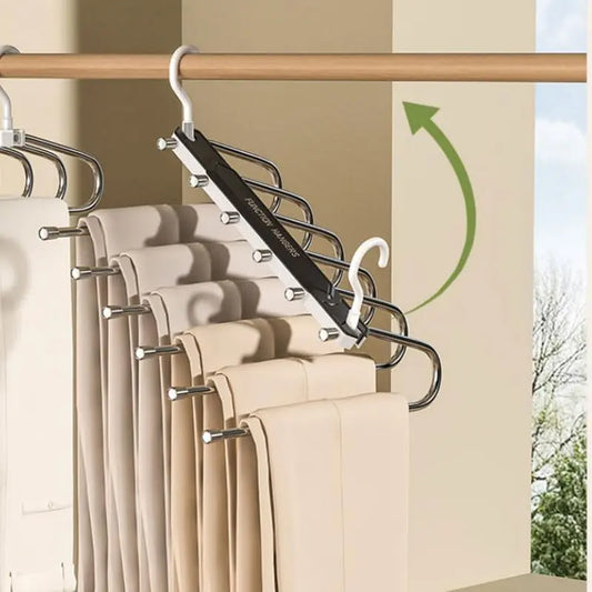 6 Layer Pants Hanger Space Saving Closet Organizer, Multifunctional Folding Clothes Rack with 65mm Wide Spacing, Anti-Slip for Jeans Trousers Wardrobe