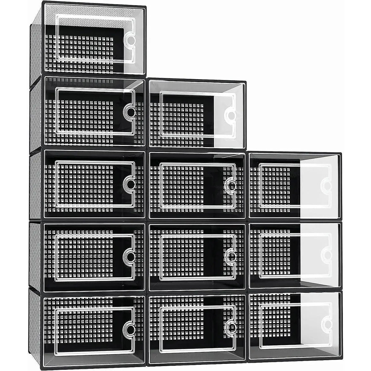 12-Pack X-Large Reinforced Frame Stackable Shoe Storage Boxes - Shoe Rack Substitute, Dust-Protective Closet Storage Solutions, Black Plastic Organizers for Entryway, Under Bed, Toys