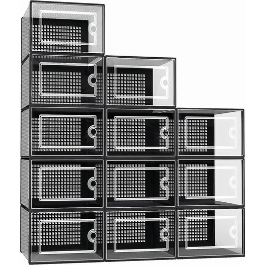 12-Pack X-Large Reinforced Frame Stackable Shoe Storage Boxes - Shoe Rack Substitute, Dust-Protective Closet Storage Solutions, Black Plastic Organizers for Entryway, Under Bed, Toys