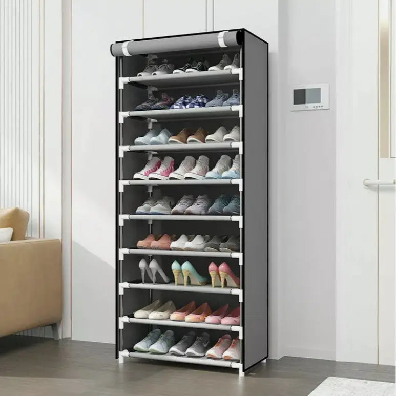 Metal-Plastic Hook Home Storage Organizer, 10-Tier Dustproof Sturdy Rectangle Standing Cabinet with 9 Shelves, Adjustable Multi-Tier Wardrobe Dorm Room Storage Solution