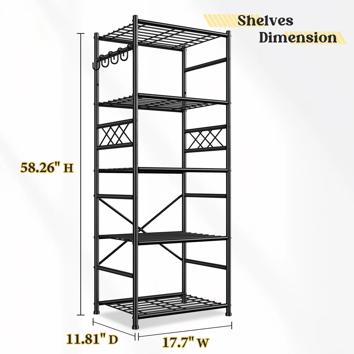 Raybee 5-Tier/6-Tier Storage Shelves, Sturdy Metal Shelving Units with Hooks,Wobble-Free Utility Storage Racks with Leveling Feet,Slim Standing Shelf Organizer for Garage Kitchen Corner Pantry, 17.7”W×11.8”D ×58.3”H