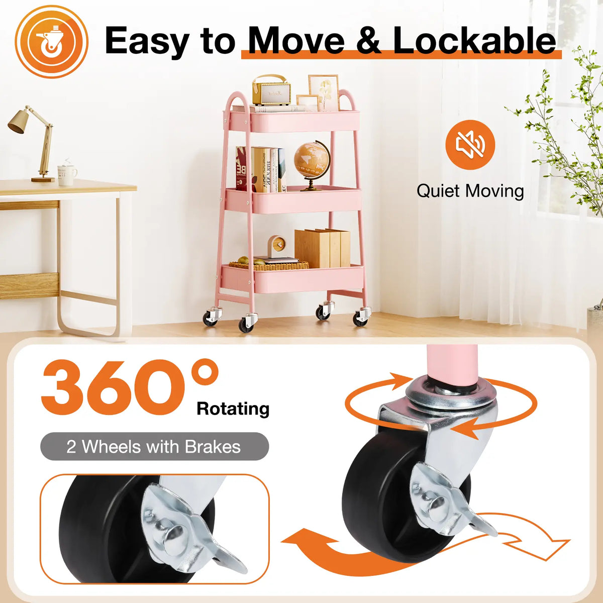 3-Tier Stable Metal Rolling Cart Organization - Indoor Storage Utility Trolley with Locking Wheels, Narrow Mobile Rack for Bedside Snack Cart, Magazine Shelf Use
