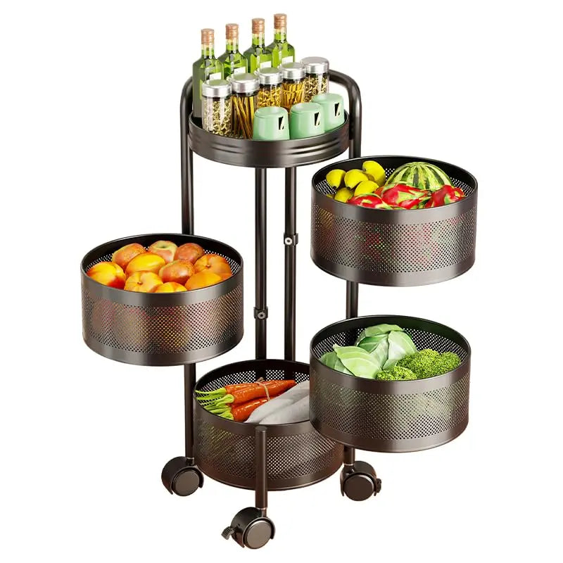 4 Tier Rotating Kitchen Storage Cart on Wheels, Carbon Steel Moving Storage Rack with Top Lid & Basket for Kitchen, Bathroom, Living Room, Bedroom