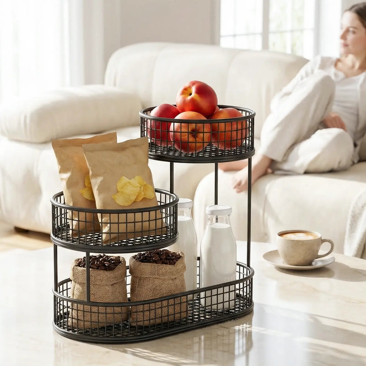 LOVEWE 3-Tier Rustproof Metal Fruit Basket Organizer with Hook Saves Space, Compact Efficient Countertop Storage for Fruits & Vegetables, Space-Saving Kitchen Decor Rack, Kitchen Gadget