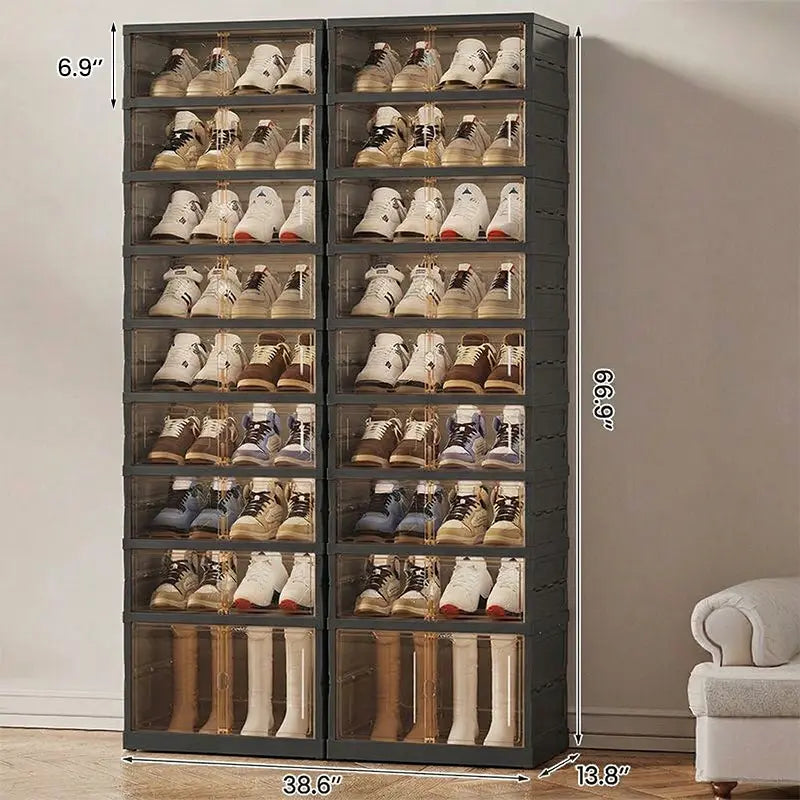 NLDD Extra-Wide & Tall 9-Tier Shoe Cabinet Holds 18 Pairs Clear Doors Wheels for Effortless Storage Stackable Reinforced Frame Ventilation Holes, Shoe Box, Shoe Rack Organizer