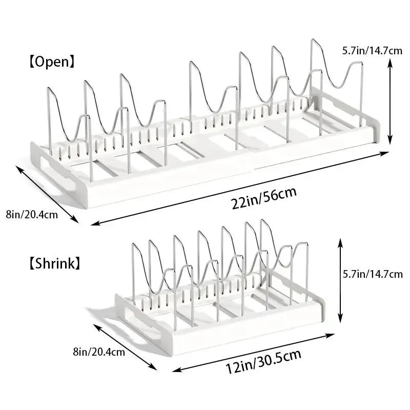 Expandable Pot and Pan Organizer Rack for Cabinet, Pot Lid Organizer with 7 Adjustable Stainless Steel Dividers, Kitchen Storage Rack Holder for Pan Lids & Bakeware Utensils, Countertop & Cabinet Organizer (White/Grey) gift