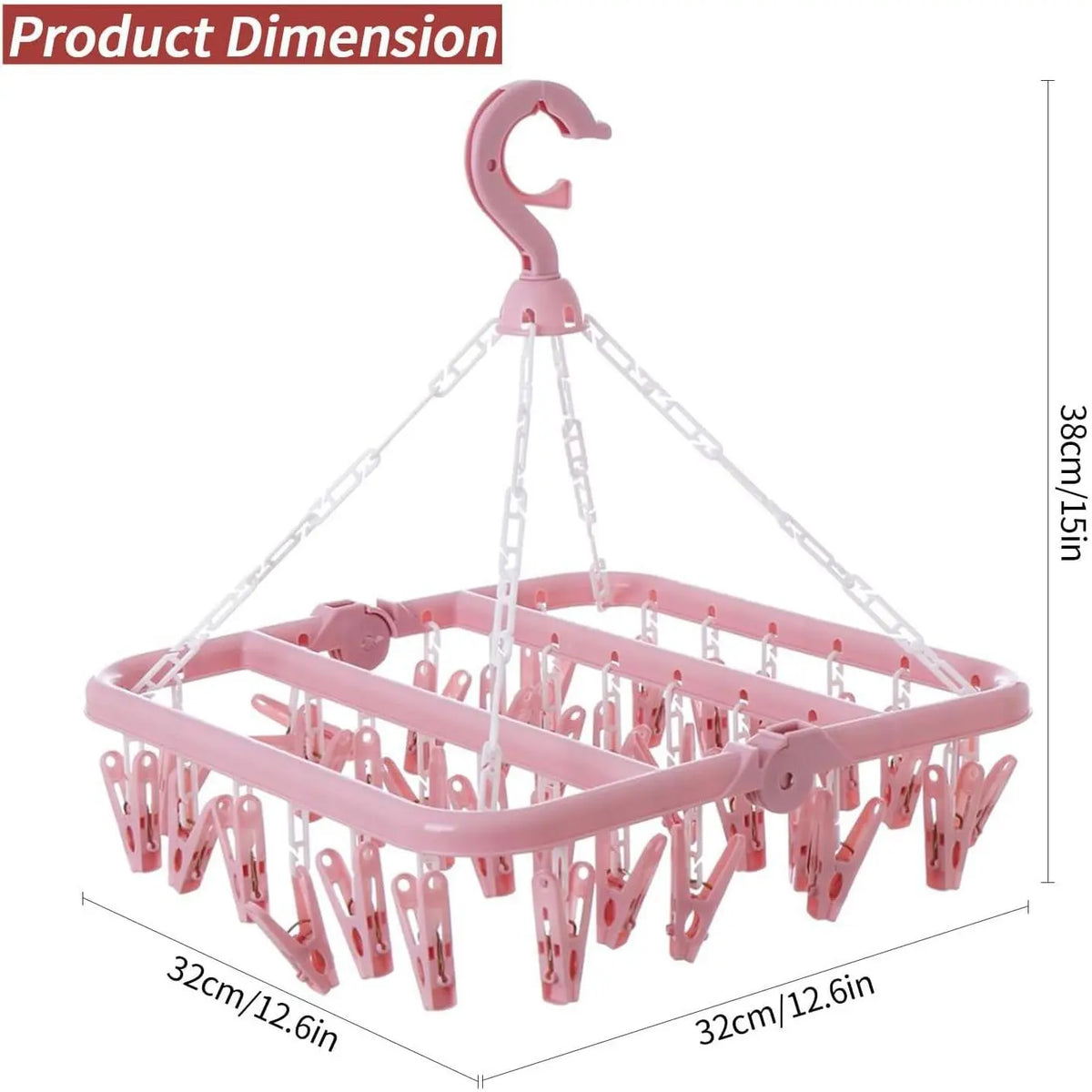 Plastic Compact Laundry Hanging Rack - Lightweight Eco-Friendly Durable Clothing Organizer, 32-Clips Hanger Space Saving Organiser Hanger, Foldable, 360° Rotatable Hook, Wall Mount Option, Adjustable Travel-Ready for Socks