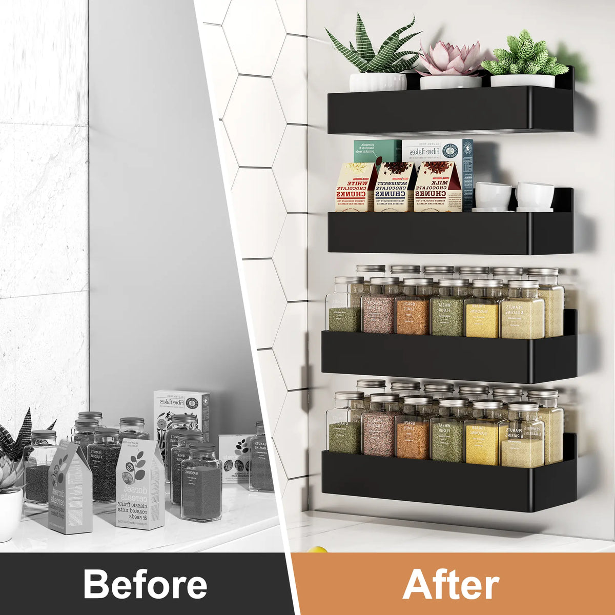 Nieifi 4-Pack Magnetic Spice Rack, Strong Magnet Fridge Organizer with Shelves for Kitchen, Office, Classroom & Coffee Bar, Black