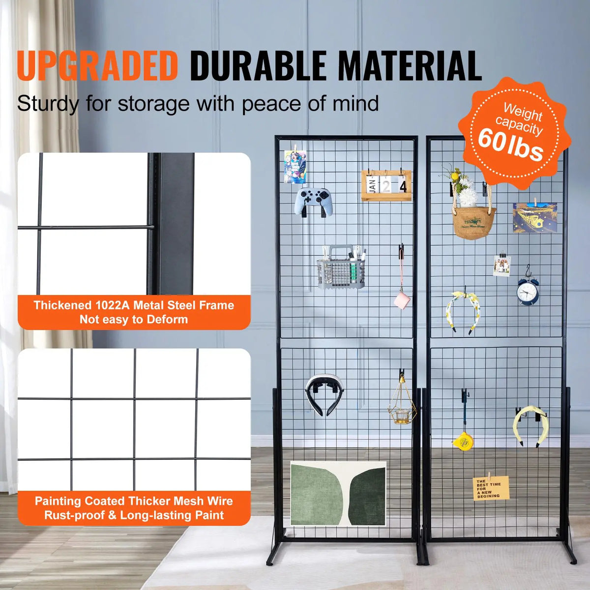 VEVOR 2'x5.6' Wire Mesh Grid Wall Panel Tower Set, 2-Pack Floorstanding Office/Study Display Racks with T-Base, Double-Side Panels for Decoration, Includes Extra Clips & Hooks for Hanging Pot Organization