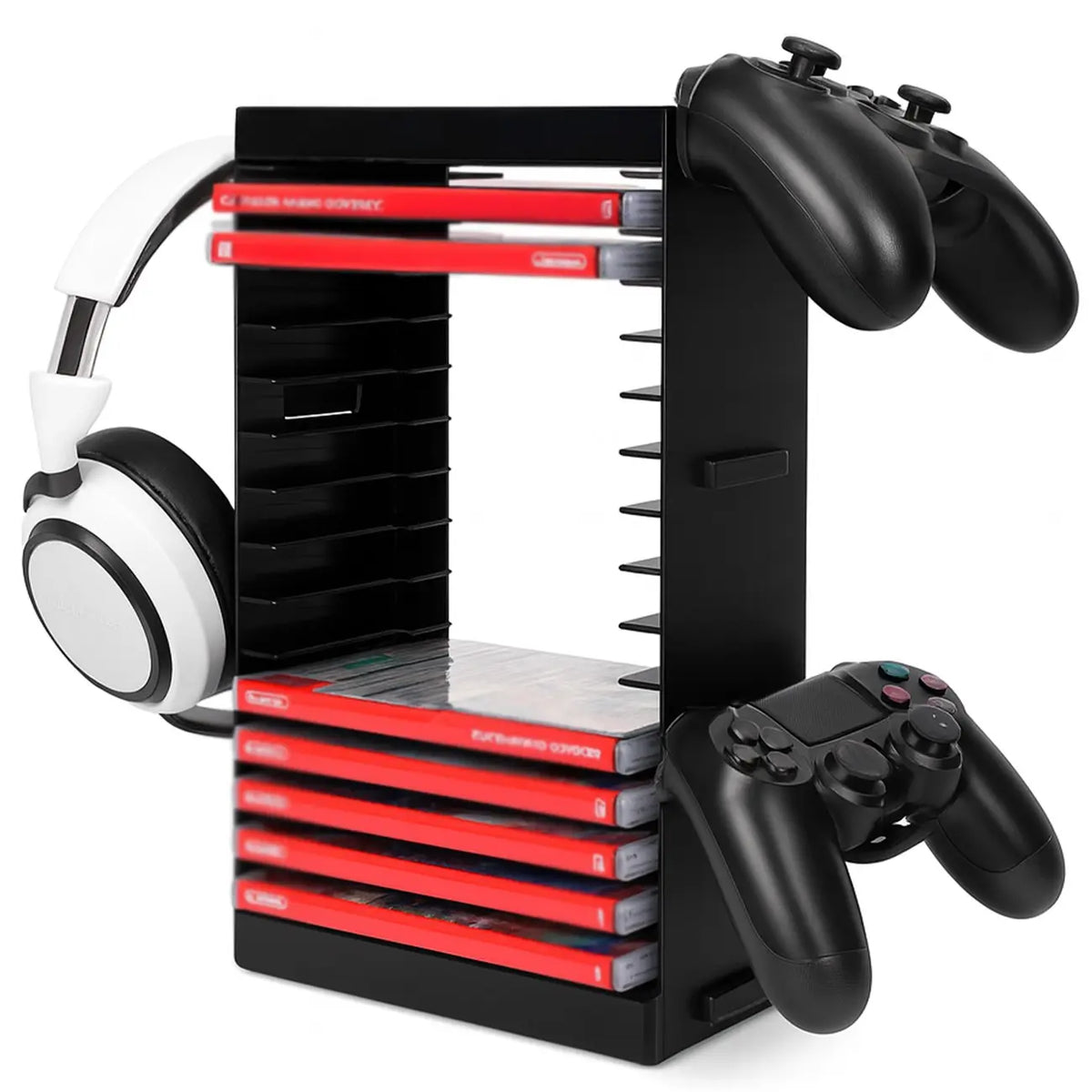 16 Slot Video Game Disc Storage Tower, Vertical Game Case Organizer Rack, ABS Stackable Stand, Space Saving Game Shelf, Controller Holder, Compatible with PS5 PS4 Xbox Series X Xbox One and Switch, for Gaming Room Setup Collector Display and Desk Organiz