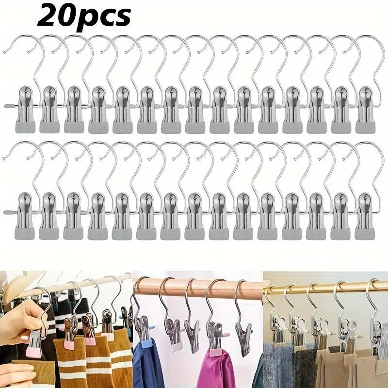 Multi-Functional Metal Clothes Clips with Hooks, Portable 360° Rotating Closet Organizer, Home Storage Clips for Laundry and Apparel, Clip Hangers for Pants
