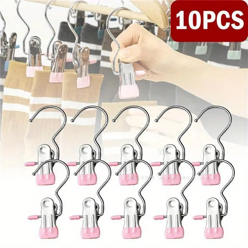 10pcs Stainless Steel Heavy Duty Clothespins Laundry Clothes Pegs With Hook Portable Hanging Clothes Clips Closet Clothes Organizer Hanger