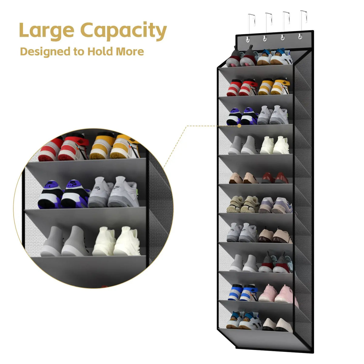 20 Pair Shoe Storage Bag, 10 Tier Hanging Organizer, Mesh Shoe Rack with 4 Metal Hooks, Closet and Door Back Storage Solution