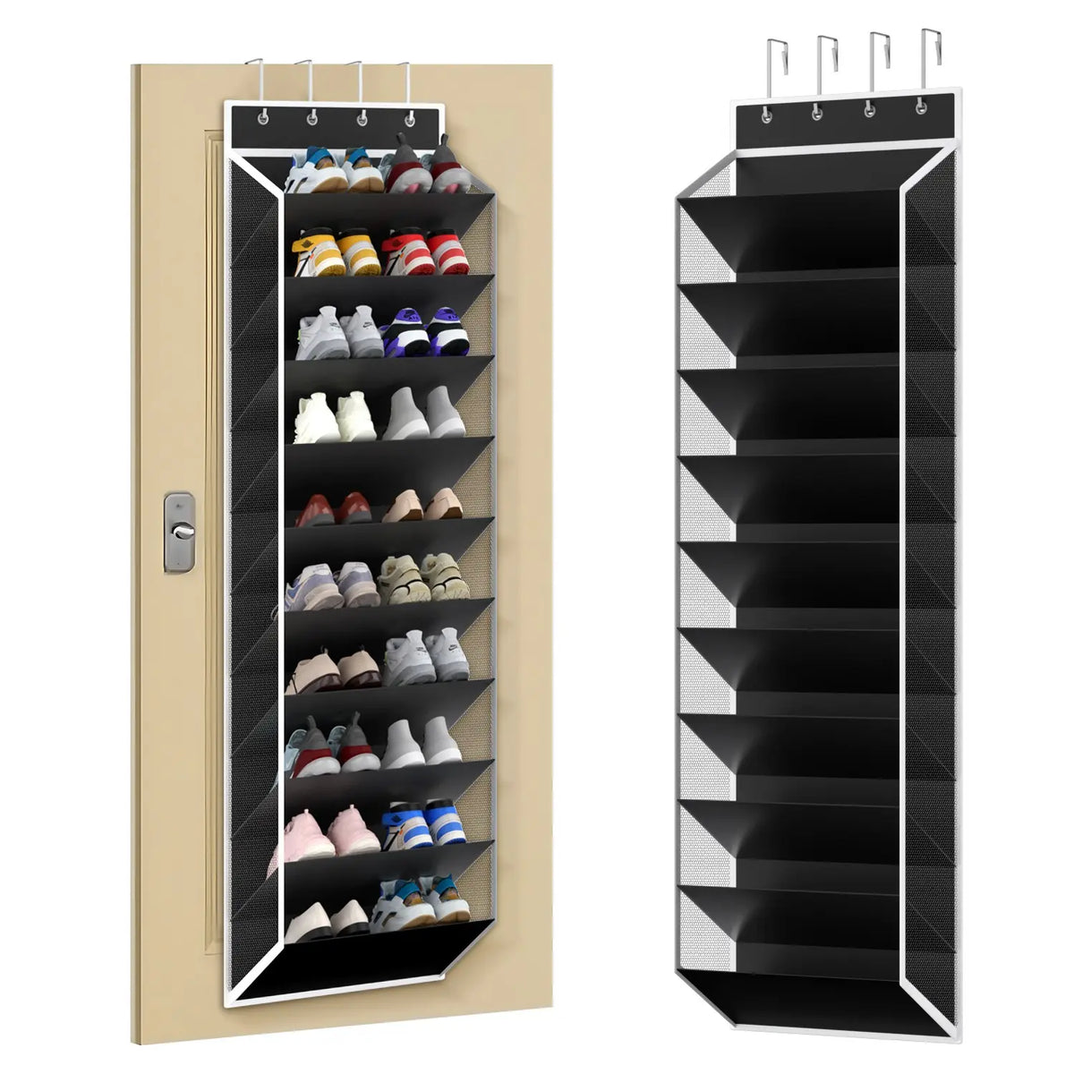 20 Pair Shoe Storage Bag, 10 Tier Hanging Organizer, Mesh Shoe Rack with 4 Metal Hooks, Closet and Door Back Storage Solution