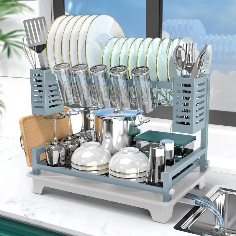 Dish Drying Rack, 2 Tier Dish Racks for Kitchen Counter, Large Dish Drying Rack with Drainboard & Utensil Holders Rust-Proof Dish Drainers Kitchen Organization