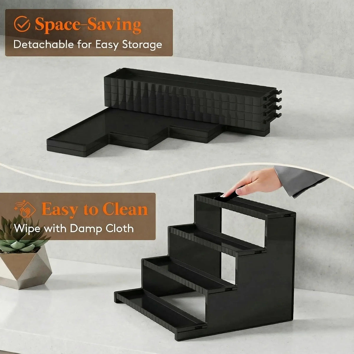 Lifewit 12-Inch 4-Layer Black Plastic Rectangle Decoration Stand with Elegant Fences - Sturdy Lightweight Storage Holder & Rack for Cologne, Vanity Organizer Storage, Room Decor
