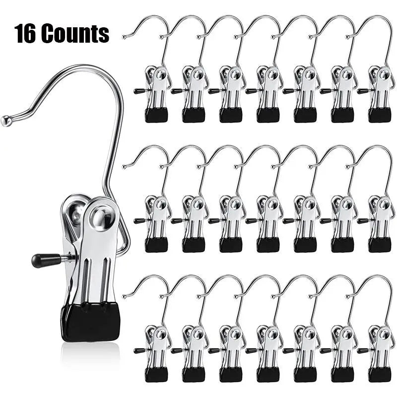 16-Count Stainless Steel Anti-Rust Clip Clothespins - Rubber-Tip Safety Hanger Accessories, Windproof Drying Solution, Waterproof for Laundry Day, Compact Pants Hangers for Towels & Travel Organization
