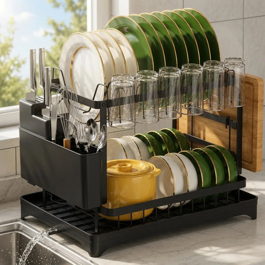 VIREFIRA Black 2-Tier Aluminum Countertop Organizer - 2-Tier Dish Sorting Rack with Compartmentalized Sinkwater Channels, Adjustable Metal Rack, Glass-Safe Holder, Rust-Resistant Rectangle Unit, Easy Wipe Clean for Kitchen Plates Bowls Utensils