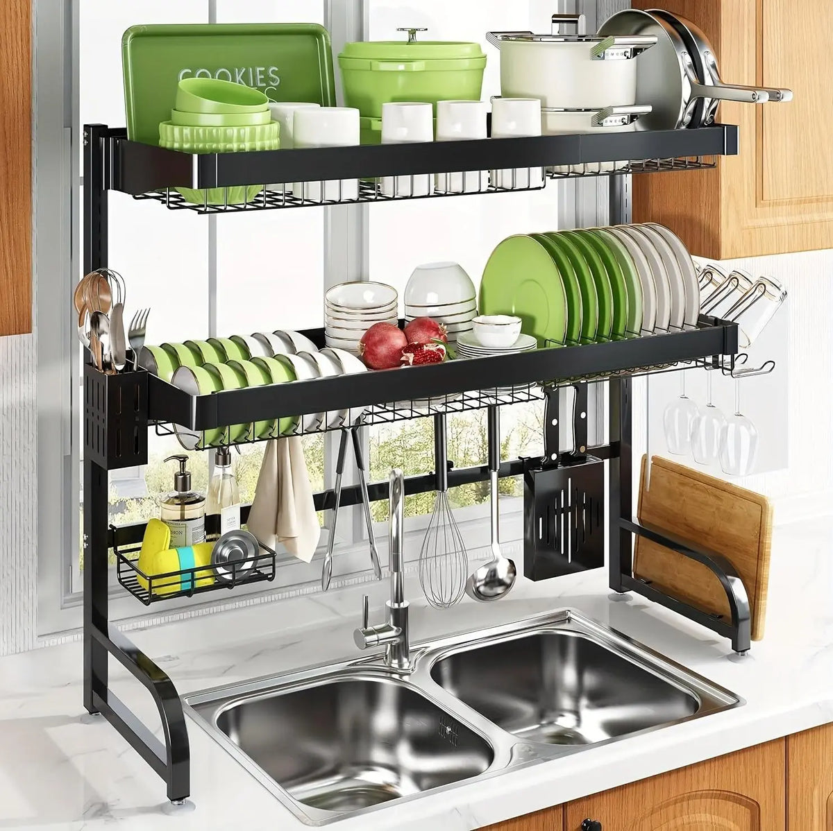 Expandable Carbon Steel Countertop Organizer - 2-Layer Adjustable Rectangle Drain Rack with Corrosion Resistance, Non-Slip Feet, Counter Water Stain Prevention, 25+ kg Load Capacity, Surface Mount, Utensil Storage, Kitchen Accessory
