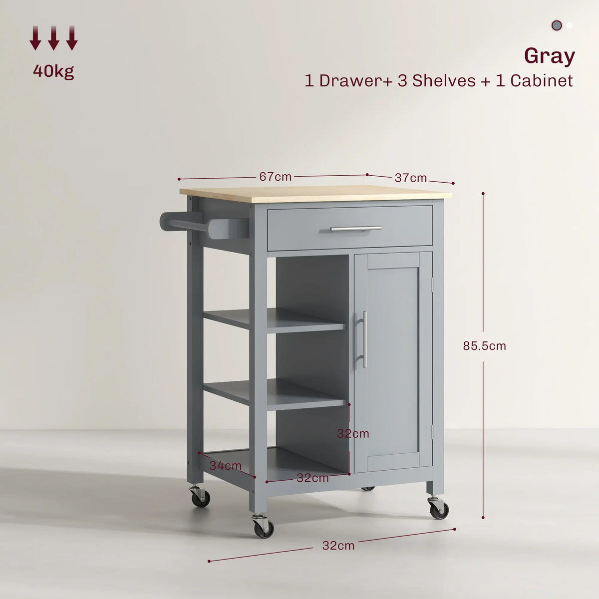 HOMCOM Compact Kitchen Island Organiser Cart on Wheels - Portable Storage Unit with Cabinet, Racks, Storage Shelf & Drawer for Dining Room, Grey