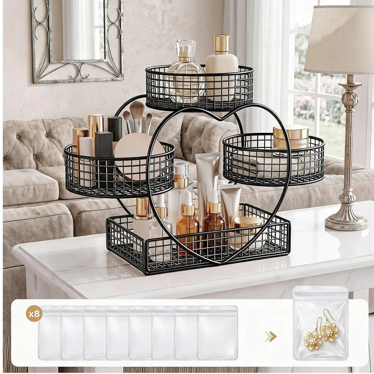 3-Tier Metal Frame Heart-Shaped Wire Mesh Open Basket Rack - Kitchen Countertop Organizer, Fruit & Snack Holder, Kitchen Decor Ideas, Thanksgiving Gift, Bathroom Storage Solution with Included Storage Bag for Displaying Items