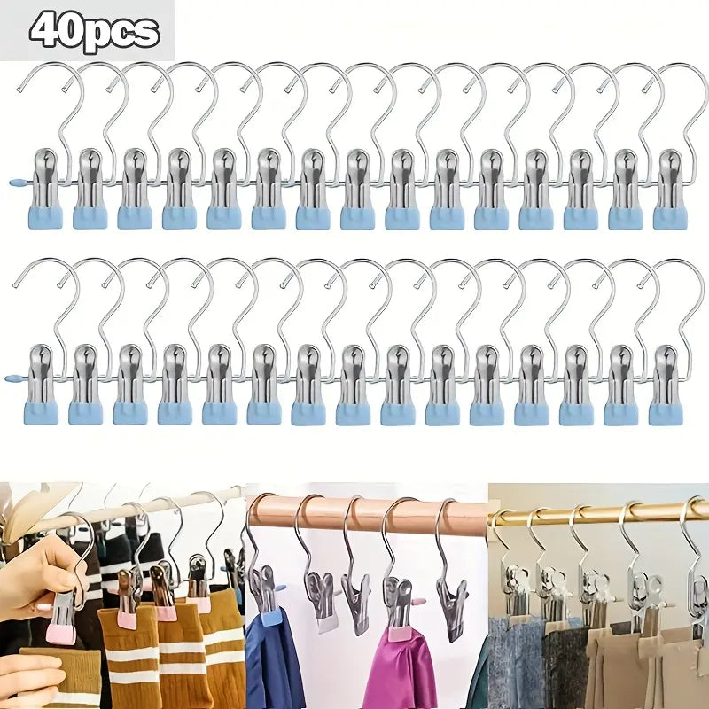 Multi-Functional Metal Clothes Clips with Hooks, Portable 360° Rotating Closet Organizer, Home Storage Clips for Laundry and Apparel, Clip Hangers for Pants