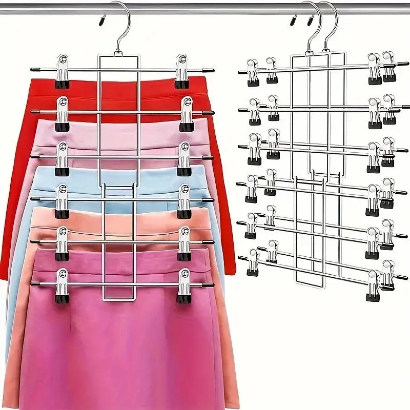 [Modern Metal Organizer] 6-Tier Metal Skirt Organizer, Garment Organizer with 360 Rotating Hooks, Compact Closet Organization, Space-Saving Clothes Storage for Pants and Skirts, Closet Hanger Organizer, Modern Polished Finish, Durable Metal Construction