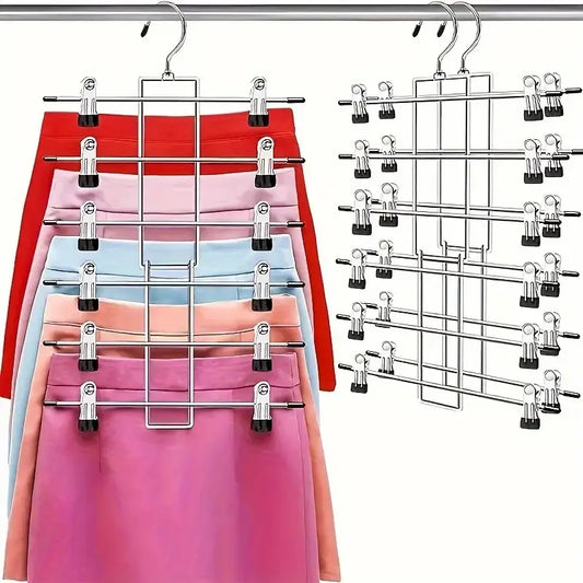 [Modern Metal Organizer] 6-Tier Metal Skirt Organizer, Garment Organizer with 360 Rotating Hooks, Compact Closet Organization, Space-Saving Clothes Storage for Pants and Skirts, Closet Hanger Organizer, Modern Polished Finish, Durable Metal Construction