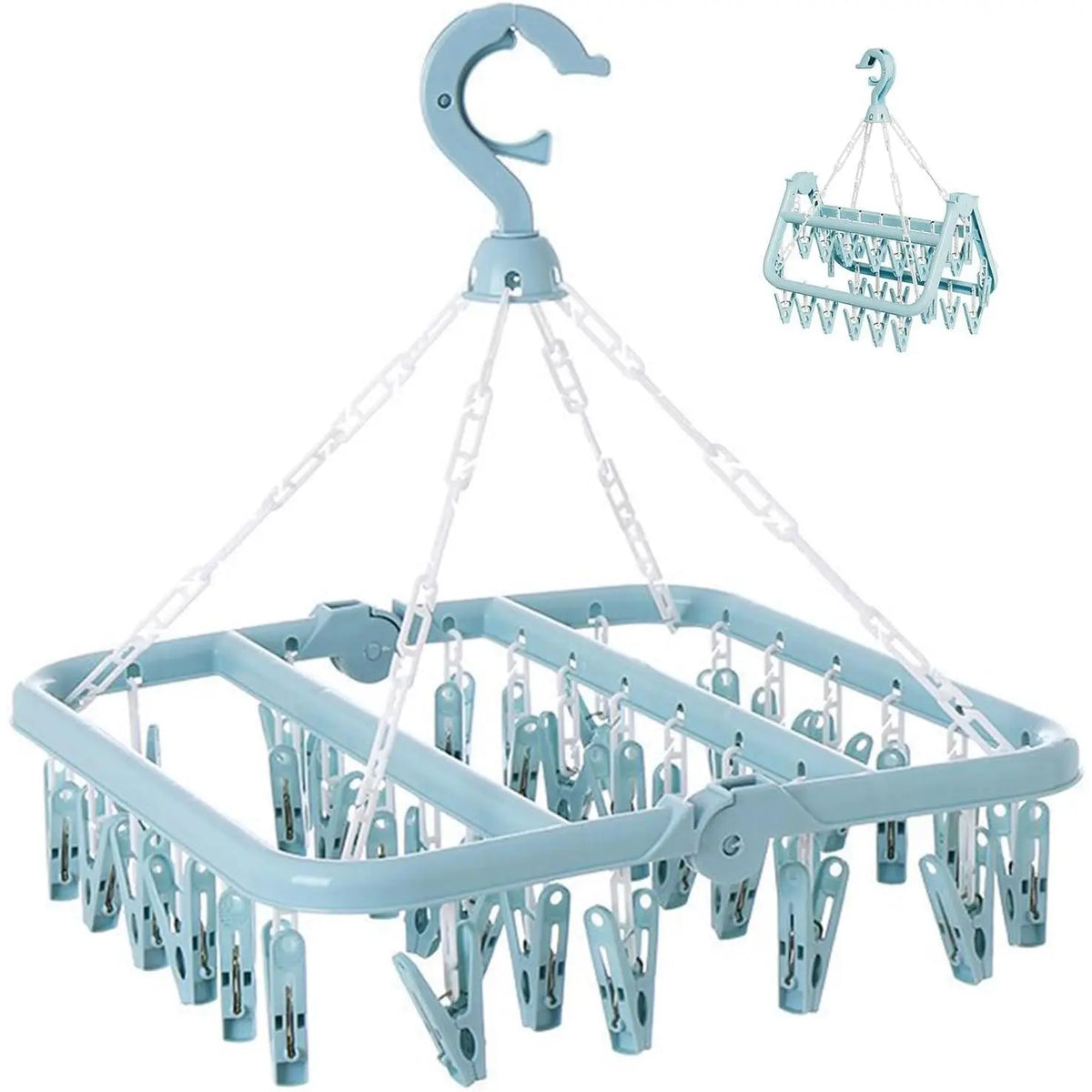Plastic Compact Laundry Hanging Rack - Lightweight Eco-Friendly Durable Clothing Organizer, 32-Clips Hanger Space Saving Organiser Hanger, Foldable, 360° Rotatable Hook, Wall Mount Option, Adjustable Travel-Ready for Socks