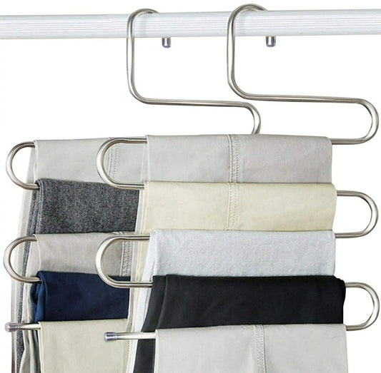 2-Pack Sturdy S-Type 5-Layer Stainless Steel Metal Hangers, 34x36cm Compact Space Saving Home Closet Organizers, Travel-Friendly No-Assembly-Required Hangers for Pants, Towels