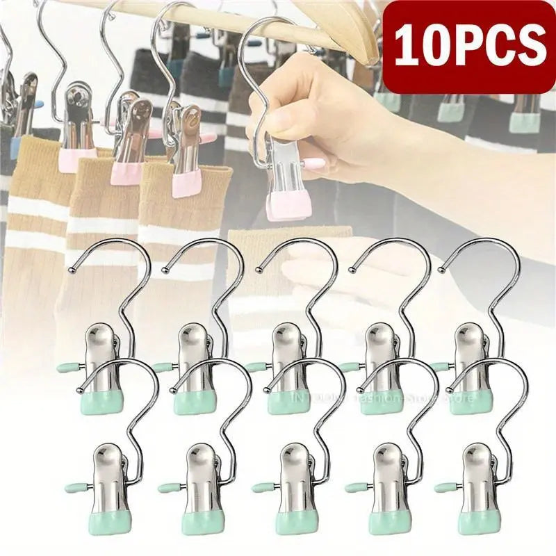 10pcs Stainless Steel Heavy Duty Clothespins Laundry Clothes Pegs With Hook Portable Hanging Clothes Clips Closet Clothes Organizer Hanger