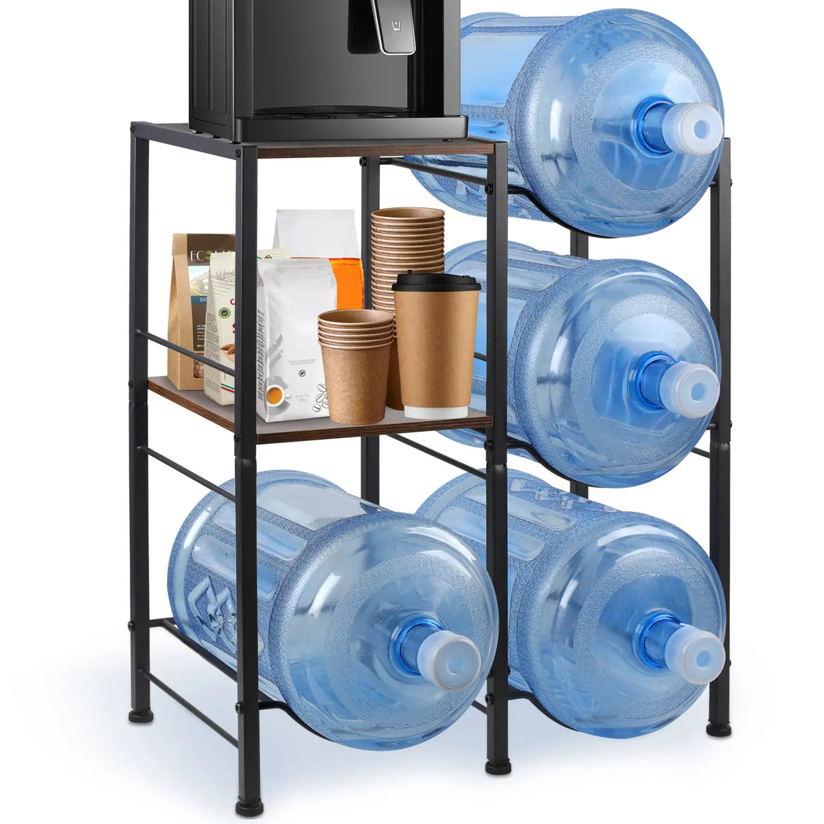 2-Tier Wooden 5 Gal Water Jug Holder Organiser - Space-Saving Storage Shelf, Adjustable Steel Water Dispenser Stand, Multifunctional for Home Office, Easy Installation