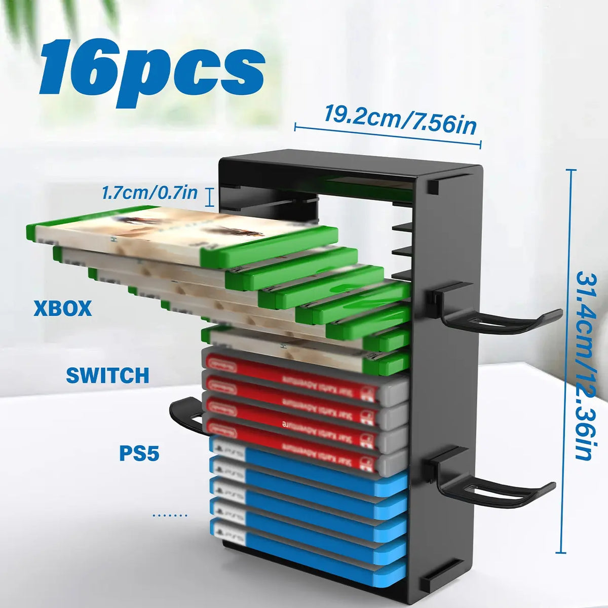 16 Slot Video Game Disc Storage Tower, Vertical Game Case Organizer Rack, ABS Stackable Stand, Space Saving Game Shelf, Controller Holder, Compatible with PS5 PS4 Xbox Series X Xbox One and Switch, for Gaming Room Setup Collector Display and Desk Organiz