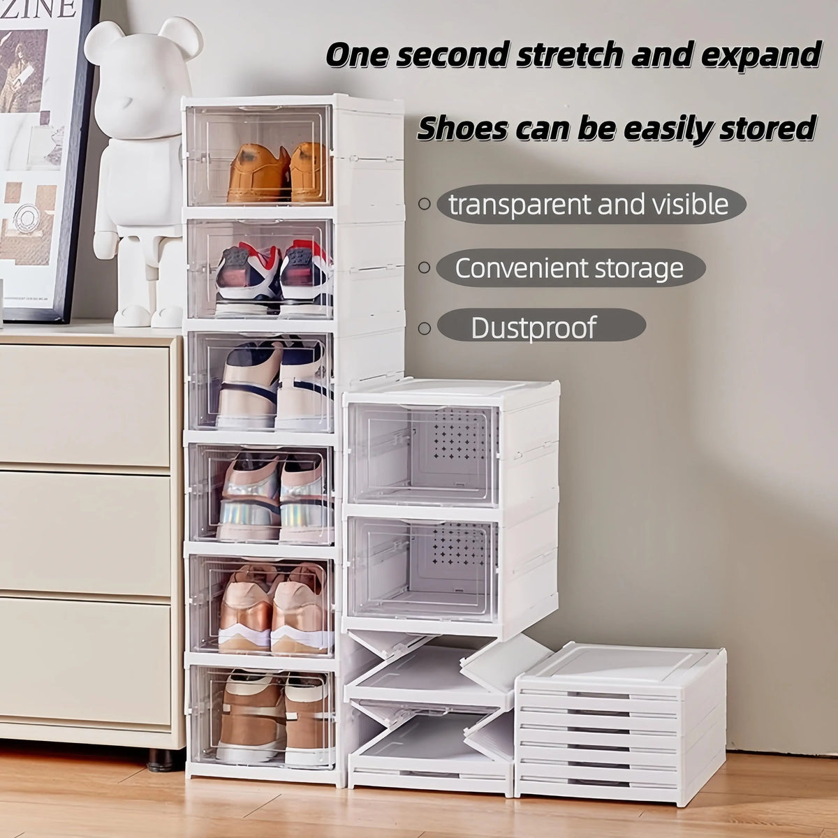 3-Tier / 6-Tier Collapsible Clear Shoe Box with Thickened Dust-Proof Lid & Magnetic Doors – Multifunctional Plastic Storage Cabinet for Sports Shoes & Accessories, No Installation, Space-Saving Modern Design for , Wardrobe & Entryway
